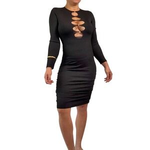 Ribbed Cutout Ring Detail Long Sleeve Bodycon Midi Dress Women's Size M